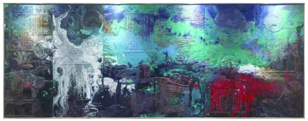 《中國(guó)工藝美術(shù)協(xié)會(huì)前廳壁畫(huà)》作者： 伊峻慷、吳守峰   材質(zhì)：青銅  藝術(shù)著色  尺寸：3.7x1.42m  安放：北京 
